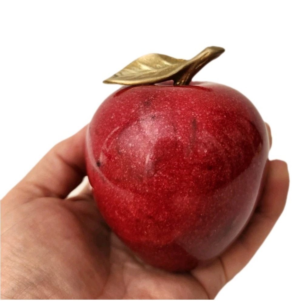 Vtg MCM Paperweight Polished Red Alabaster Marble Stone Apple With Brass Leaf